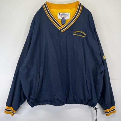 古着 90's/90年代 チャンピオン Champion ナイロンジャケット プルオーバー 大きいサイズ Vネック ワッペン 2XL ネイビー メンズ