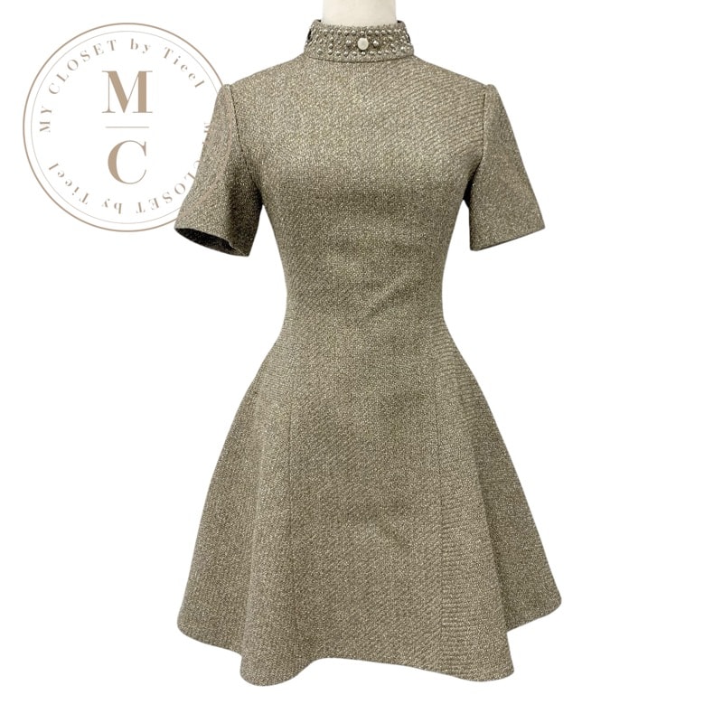 ルイヴィトン LOUIS VUITTON ワンピース ポリエステル ゴールド シルバー 21AW スタッズ ビジュー ドレス