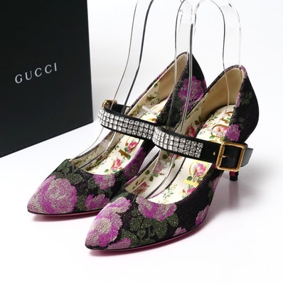 GUCCI グッチ パンプス サイズ35 ビジュー ストラップ フラワー ジャガード ハイヒール 靴 ブランド古着【中古】20251119/RA6623