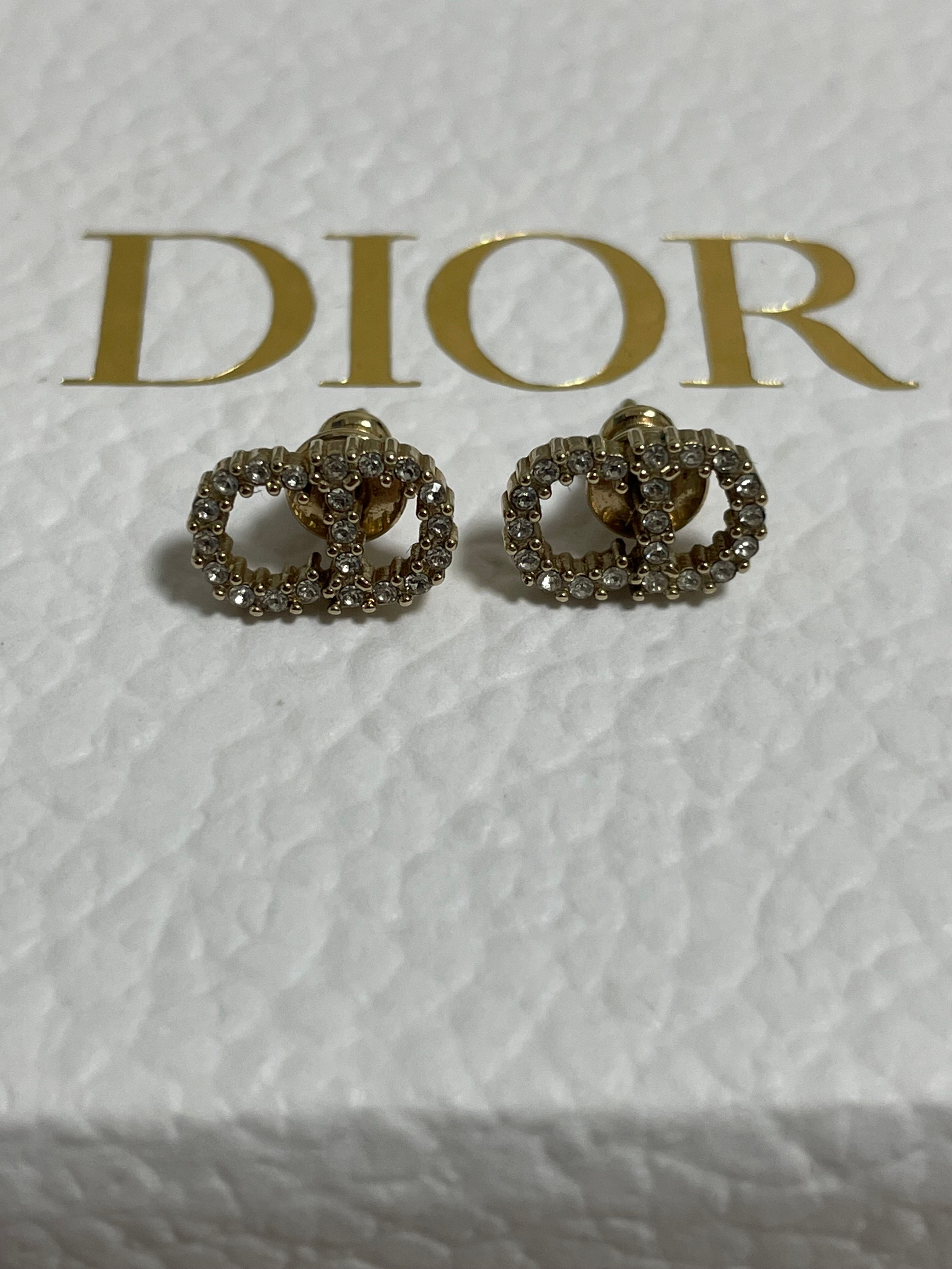 Dior Petit CD Stud Earrings Gold-Finish Metal and White Crystals "Gold"
