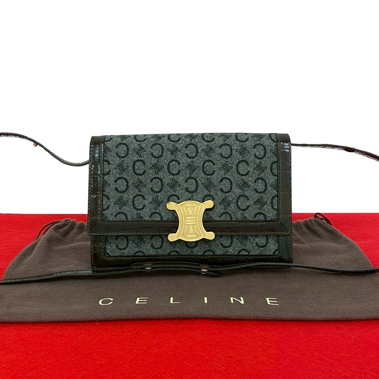 CELINE セリーヌ Cマカダム ロゴ 金具 ウール レザー ショルダーバッグ ブラウン
 10327