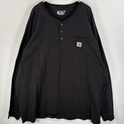 古着 カーハート Carhartt 長袖Tシャツ 肉厚 ヘンリーネック ワンポイント ロゴ 3XL ブラック 無地 メンズ