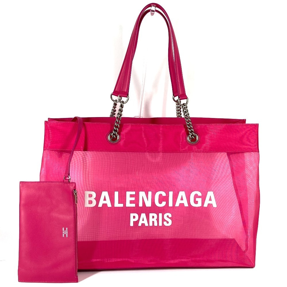 バレンシアガ BALENCIAGA DUTY FREE LARGE ロゴ 741605 メッシュ ポーチ付き 肩掛け カバン トートバッグ ショルダーバッグ ポリエステル ピンク