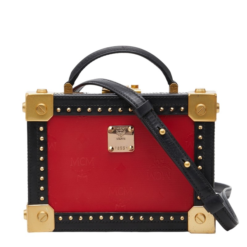 エム シー エム ロゴ スタッズ ハンドバッグ ショルダーバッグ 2WAY レッド ブラック ゴールド レザー レディース MCM 【中古】