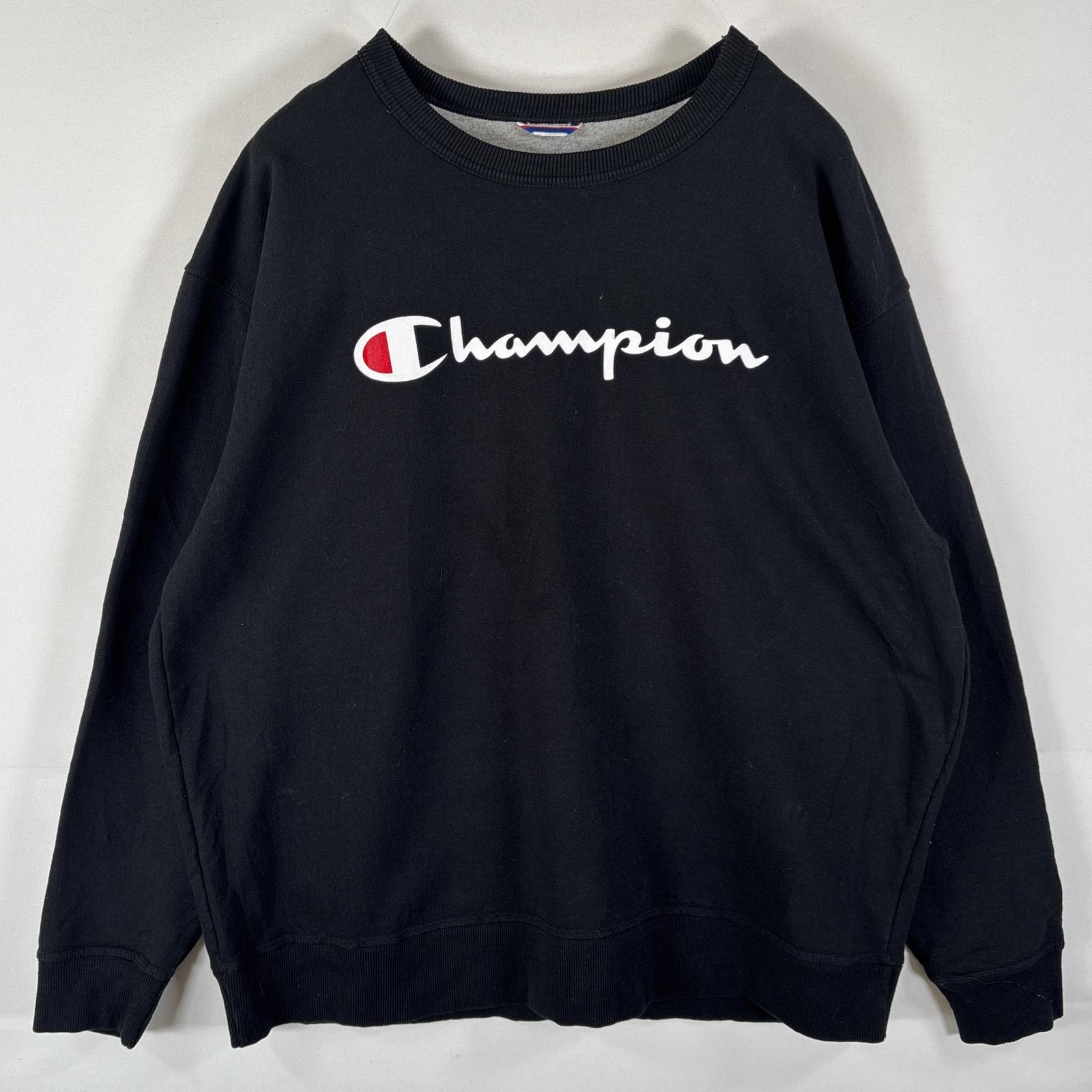 古着 チャンピオン Champion スウェット トレーナー 大きいサイズ ワッペン ビッグロゴプリント クルーネック 2XL ブラック メンズ