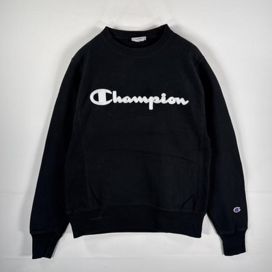 古着 チャンピオン Champion スウェット リバースウィーブ ワッペンロゴ クルーネック SMALL ブラック メンズ