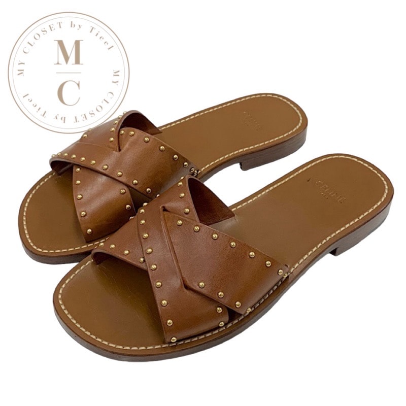 セリーヌ CELINE サンダル 靴 シューズ レザー ブラウン ゴールド フラットサンダル ミュール スタッズ