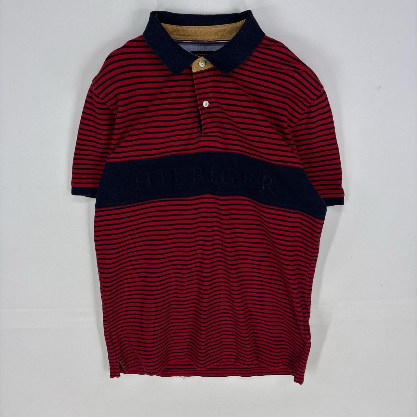 古着 トミーヒルフィガー TOMMY HILFIGER 半袖シャツ 刺繍ロゴ ワンポイント ポロシャツ L  レッド系 ボーダー メンズ