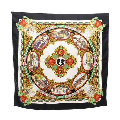 エルメス HERMES カレ90 L'ENTENTE CORDIALE スカーフ 衣料品 シルク シルク ホワイト レディース ブラック系 / ホワイト系 / マルチカラー 【中古】