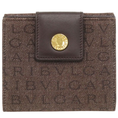 ブルガリ ロゴマニア デニム レザー ブラウン 二つ折り