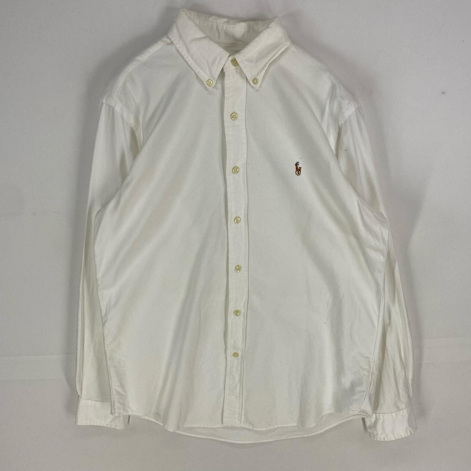 古着 ポロ・ラルフローレン POLO RALPH LAUREN 長袖シャツ 刺繍ロゴ ボタンダウン ロングスリーブ M ホワイト系 メンズ