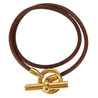 エルメス HERMES グレナン ロゴ 2重ブレス ネックレス チョーカー バングル アクセサリー ブレスレット レザー ブラウン