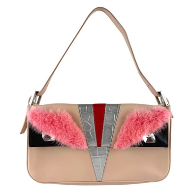 フェンディ FENDI ショルダーバッグ モンスター バゲット レザー/ファー ピンクベージュ シルバー レディース 8BR600-V04【中古】 z9380