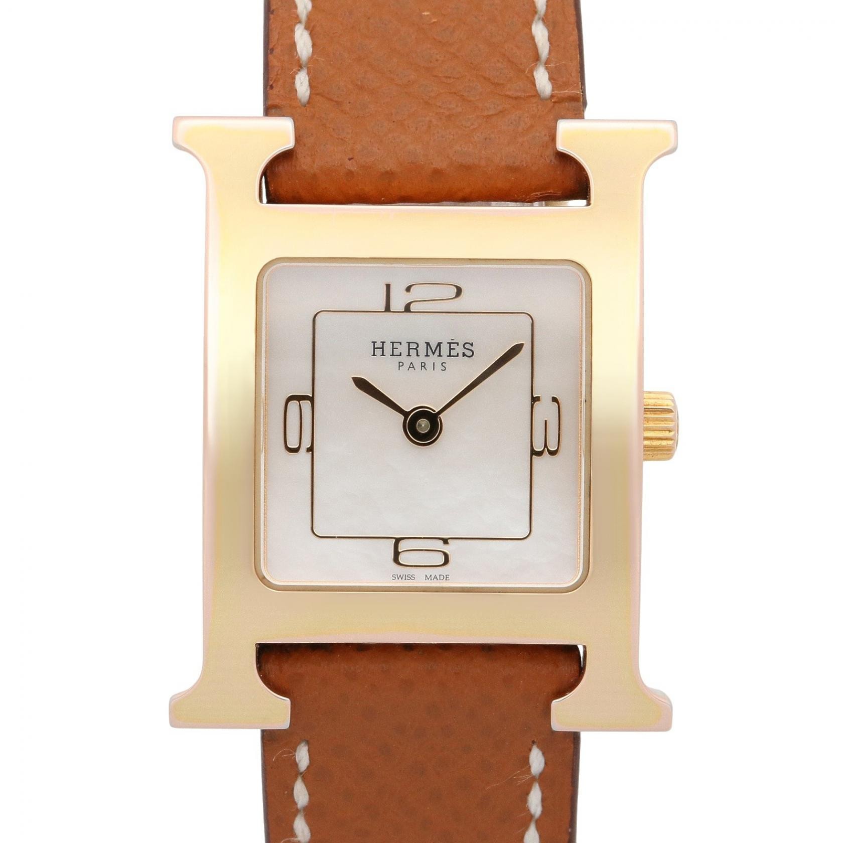 エルメス HERMES Hウォッチ ホワイトシェル 腕時計 時計 GP(ゴールドメッキ) レザーベルト ホワイト レディース ホワイト系 HH1.202c 【中古】