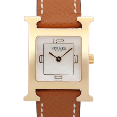 エルメス HERMES Hウォッチ ホワイトシェル 腕時計 時計 GP(ゴールドメッキ) レザーベルト ホワイト レディース ホワイト系 HH1.202c 【中古】
