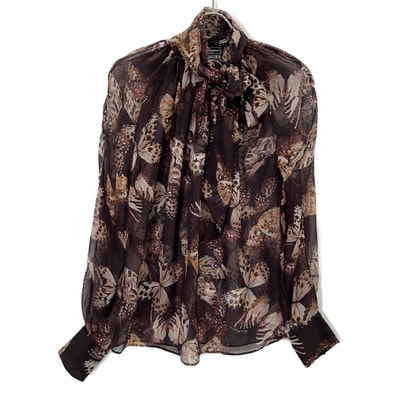 サルヴァトーレフェラガモ ブラウン シルク100 蝶モチーフ ボウタイブラウス 40