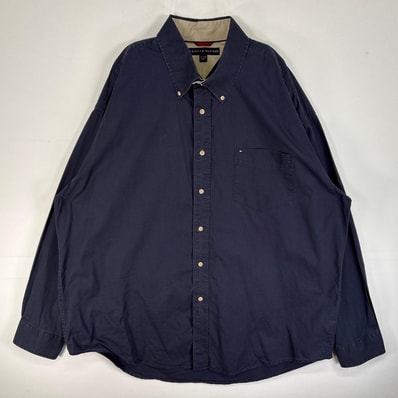 古着 トミーヒルフィガー TOMMY HILFIGER 長袖シャツ ロゴ 刺繍 肉厚 大きいサイズ ボタンダウン 14041 ネイビー系 無地 メンズ