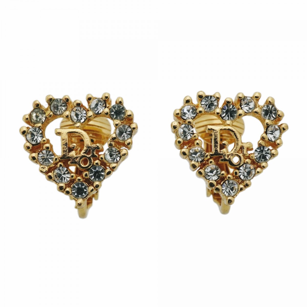 【6jdb0053】クリスチャンディオール イヤリング ディオールロゴ ハートモチーフ GPメッキ ラインストーン ゴールド【中古】レディース