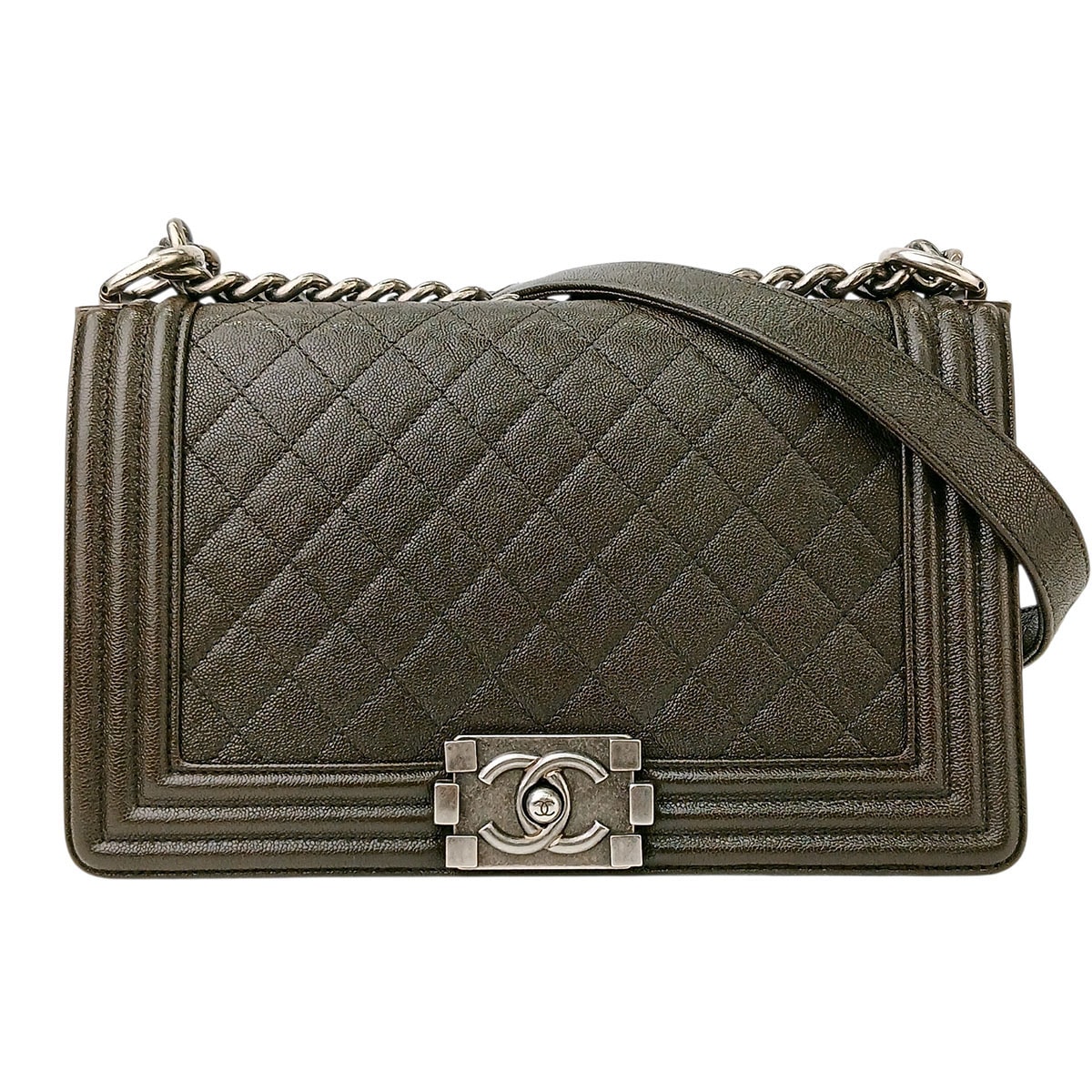 CHANEL シャネル ボーイシャネル チェーン ショルダー バッグ マトラッセ ショルダーバッグ A67086 キャビアスキン ブラウン シルバー  レディース【中古】
