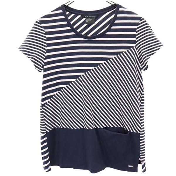 ARMANI EXCHANGE アルマーニエクスチェンジ ボーダー切替えデザイン 半袖 切替デザイン Tシャツ S ネイビー系 ロゴプレート
