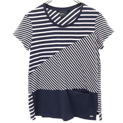 ARMANI EXCHANGE アルマーニエクスチェンジ ボーダー切替えデザイン 半袖 切替デザイン Tシャツ S ネイビー系 ロゴプレート