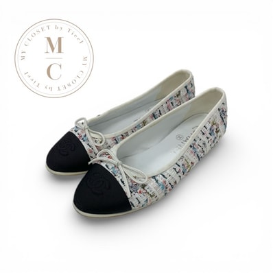 シャネル CHANEL フラットシューズ 靴 シューズ ツイード ホワイト ブラック マルチカラー ココマーク リボン