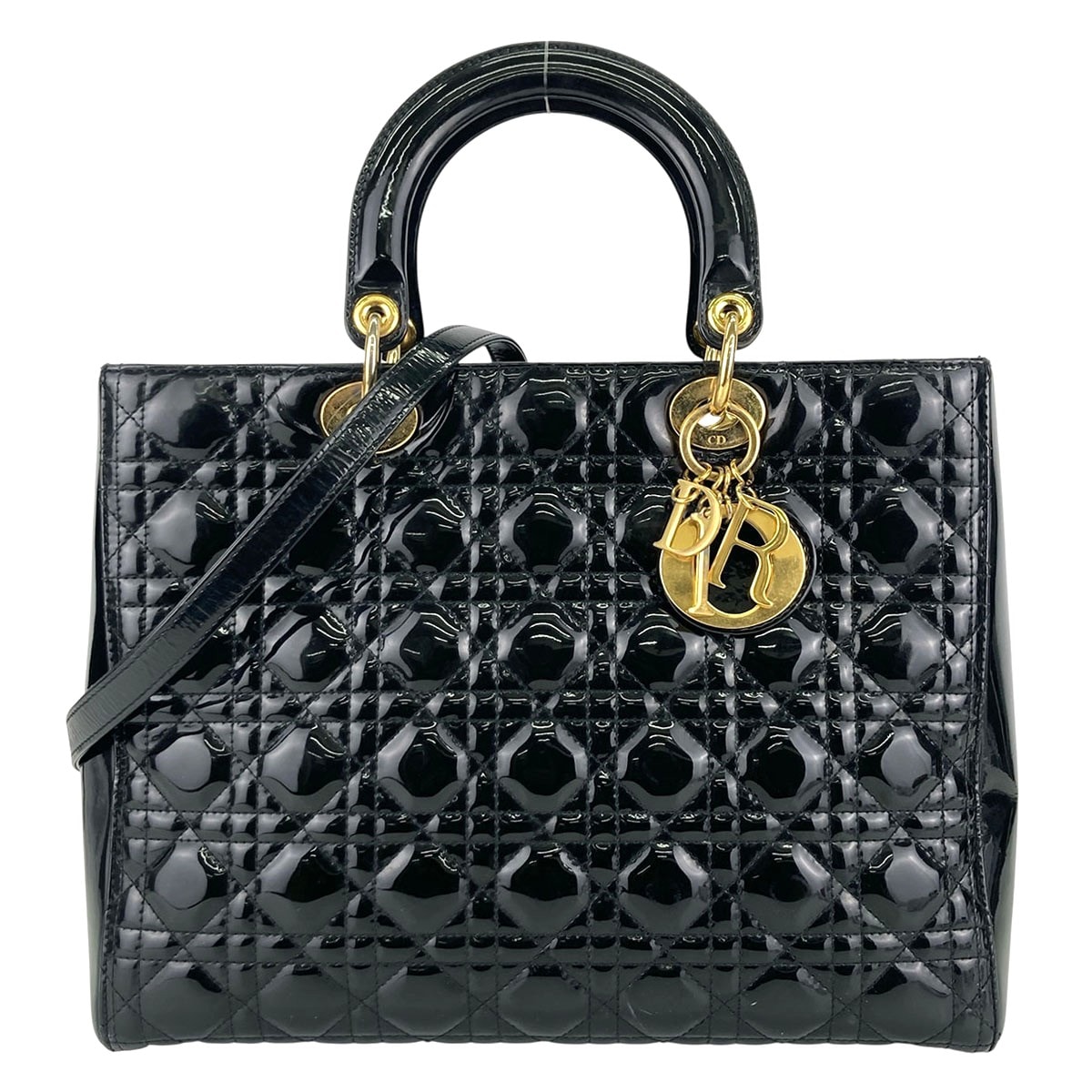 Christian Dior クリスチャンディオール Lady Dior レディディオール ラージ 2WAY ショルダーバッグ ハンドバッグ パテントレザー エナメル ブラック ゴールド金具  レディース【中古】