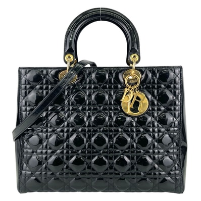 Christian Dior クリスチャンディオール Lady Dior レディディオール ラージ 2WAY ショルダーバッグ ハンドバッグ パテントレザー エナメル ブラック ゴールド金具 レディース【中古】
