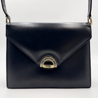 CELINE(セリーヌ)ヴィンテージ レザー ショルダーバッグ ネイビー ゴールドトーン金具 フラップ レディース イタリア製