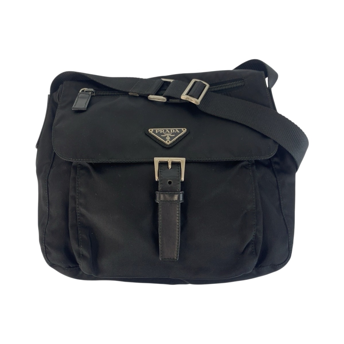 美品 PRADA プラダ テスート 三角ロゴプレート ブラック 黒 シルバー金具 ナイロン レザー/ ショルダーバッグ メッセンジャーバッグ 506050 【中古】