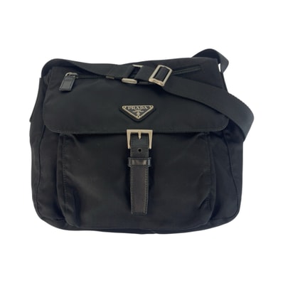 美品 PRADA プラダ テスート 三角ロゴプレート ブラック 黒 シルバー金具 ナイロン レザー/ ショルダーバッグ メッセンジャーバッグ 506050 【中古】