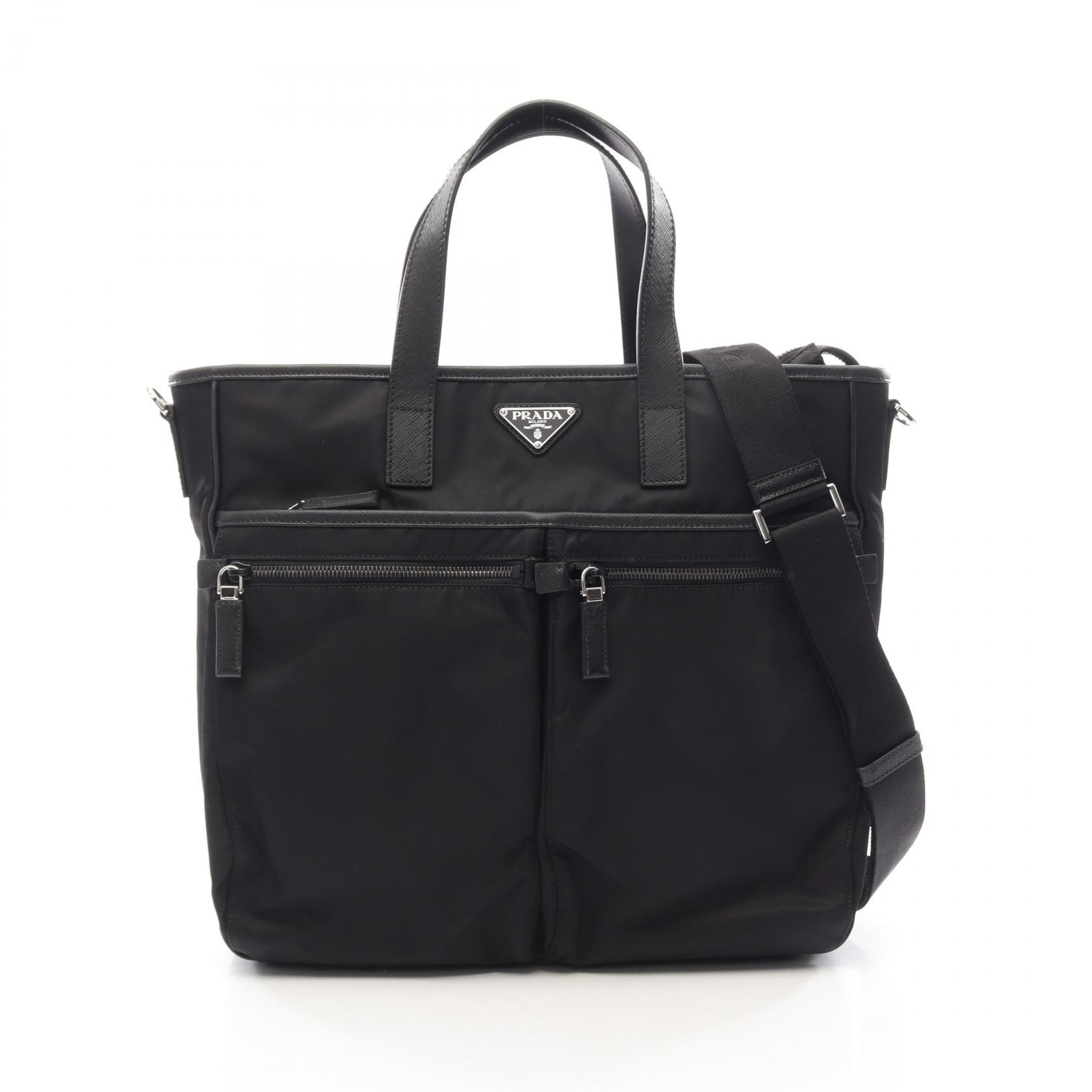 プラダ PRADA TESSUTO+SAFFIANO 2WAY トートバッグ バッグ ナイロン サフィアーノレザー メンズ レディース ブラック系 2VG860 【中古】