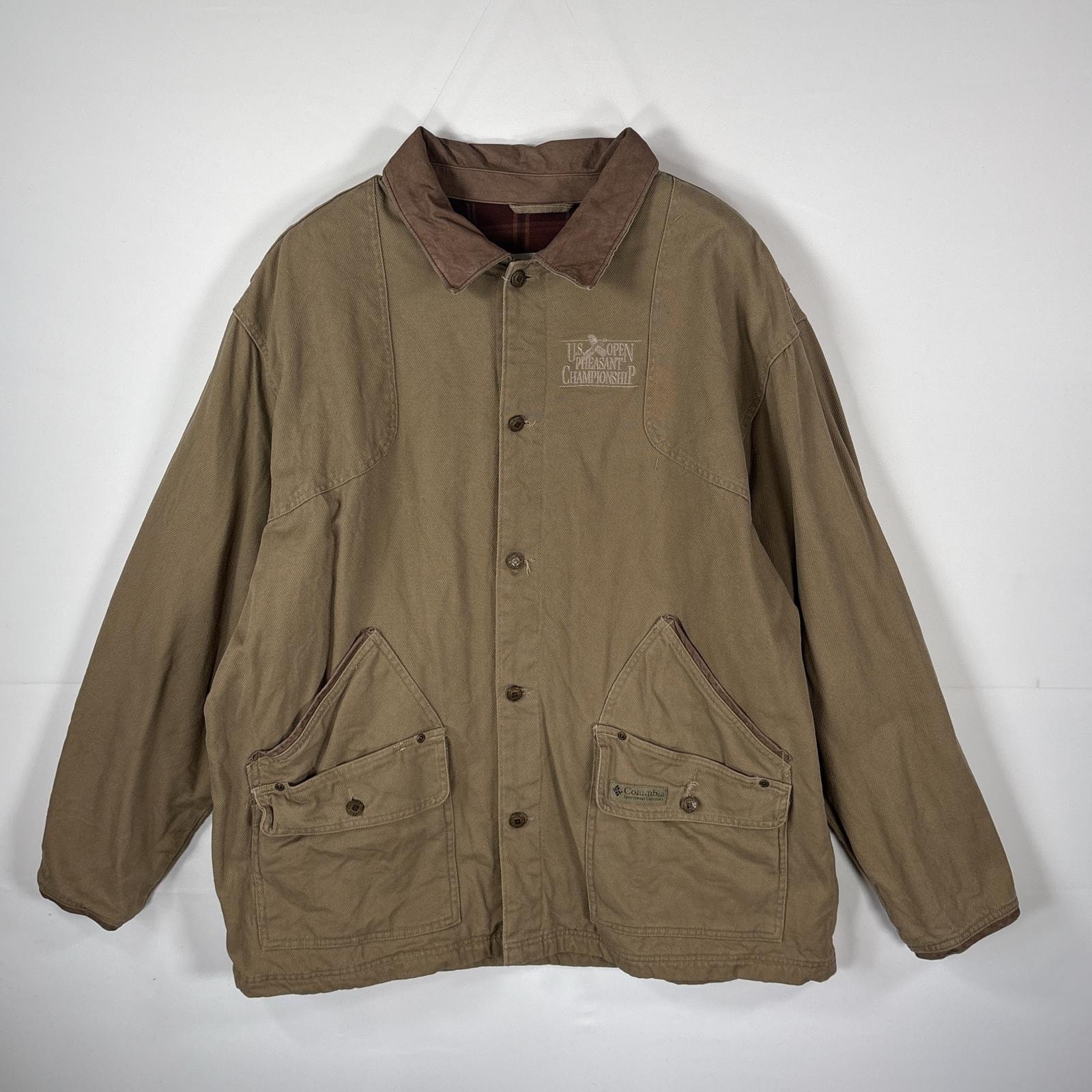 古着 コロンビア Columbia ダック ハンティングジャケット 襟レザー 刺繍 裏地チェク柄 ビッグサイズ XL  ブラウン メンズ