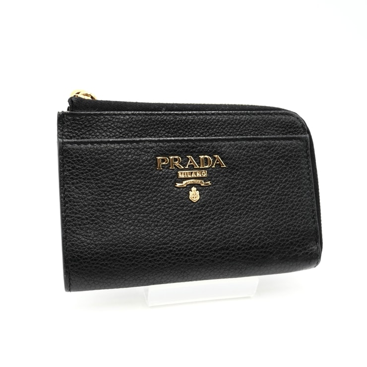 PRADA(プラダ)フラグメントケース コインケース カードケース ブラック レザー ゴールド金具 L字ファスナー レディース【中古】