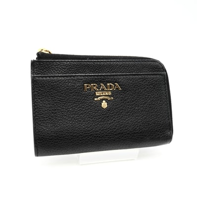 PRADA(プラダ)フラグメントケース コインケース カードケース ブラック レザー ゴールド金具 L字ファスナー レディース【中古】