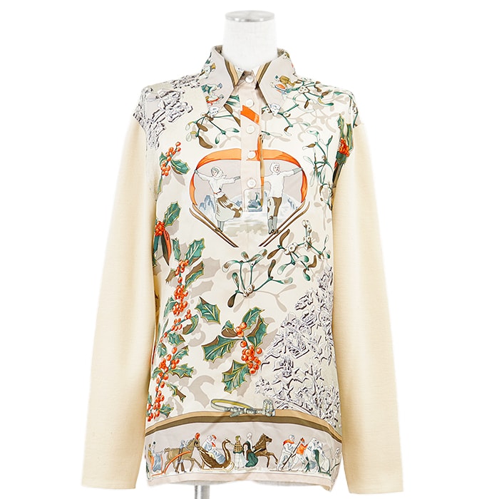 【SALE】HERMES エルメス ヴィンテージ ツイルレーヌシャツ NEIGE D'ANTAN 去年の雪 ハイゲージ ニット × シルク コンビネーション プルオーバー ロングスリーブ 長袖 トップス レディース サイズ M アイボリー系 イタリア製