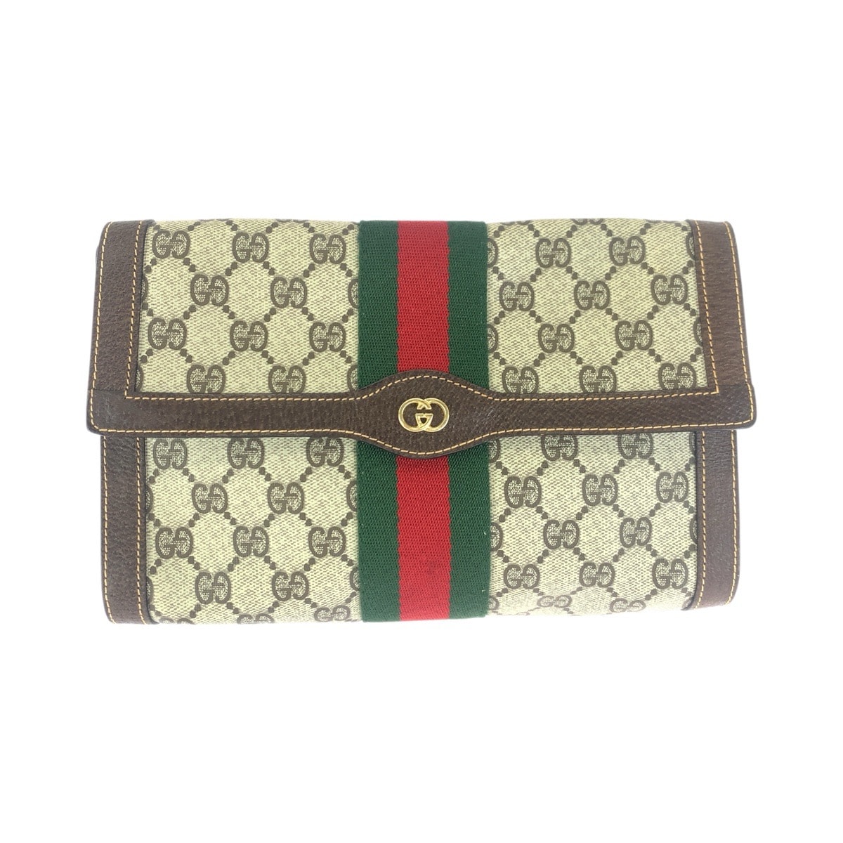 美品 GUCCI グッチ ヴィンテージ シェリーライン ベージュ ブラウン ゴールド金具 GGスプリームキャンバス レザー/ クラッチバッグ セカンドバッグ 601699 【中古】