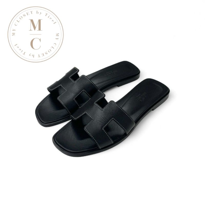 エルメス HERMES オラン サンダル 靴 シューズ レザー ブラック 黒 フラット ミュール