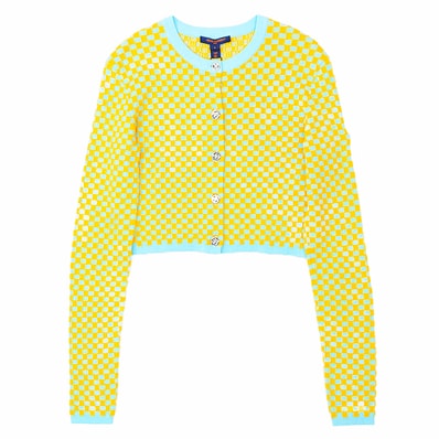 【未使用】LOUIS VUITTON ルイ・ヴィトン クロップニットカーディガン 2024AW ダミエ ブロックチェック カシミヤブレンド モノグラムフラワーボタン レザーパッチ ショートレングス 短丈 トップス レディース S 黄色 サックスブルー 伊製