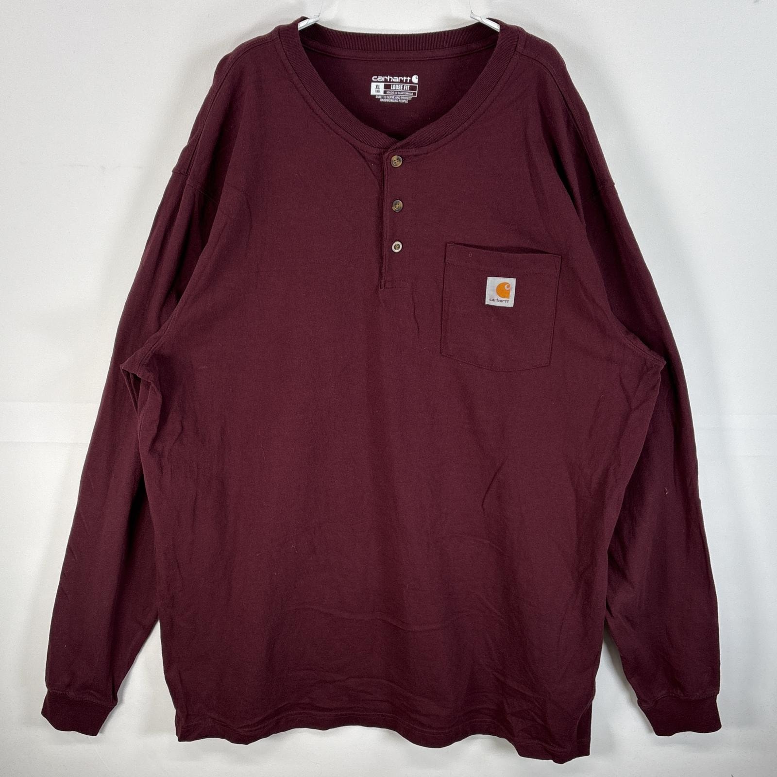 古着 カーハート Carhartt 長袖Tシャツ ワンポイント ロゴ 大きいサイズ ヘンリーネック XL TALL  ワインレッド 無地 メンズ