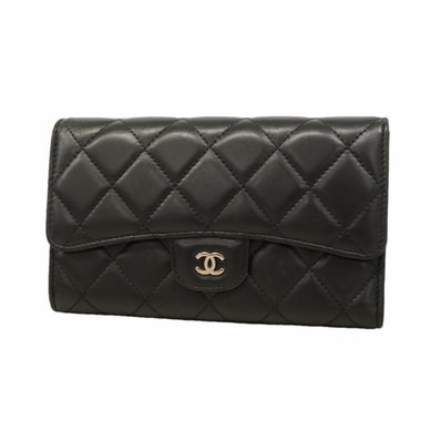 ★最終価格【6hb0199】シャネル 三つ折り長財布 マトラッセ ラムスキン ブラック シルバー金具【中古】レディース