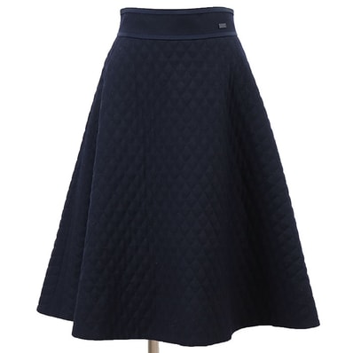 SALE【美品】FOXEY フォクシー スカート キルティング サイズ 38 レディース 37433 ロゴ プレート パデッド フレア ウール100% 中綿 ボトムス ネイビー 紺 日本製