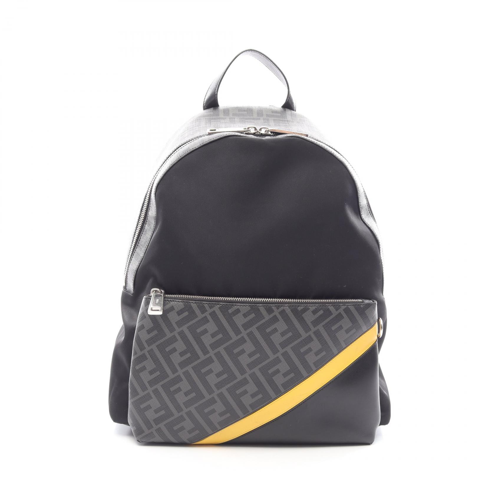フェンディ FENDI ダイアゴナル ズッカ リュックサック バックパック バッグ ナイロン PVCコーティングキャンバス レザー メンズ レディース ブラック系 / グレー系 / イエロー系 【中古】