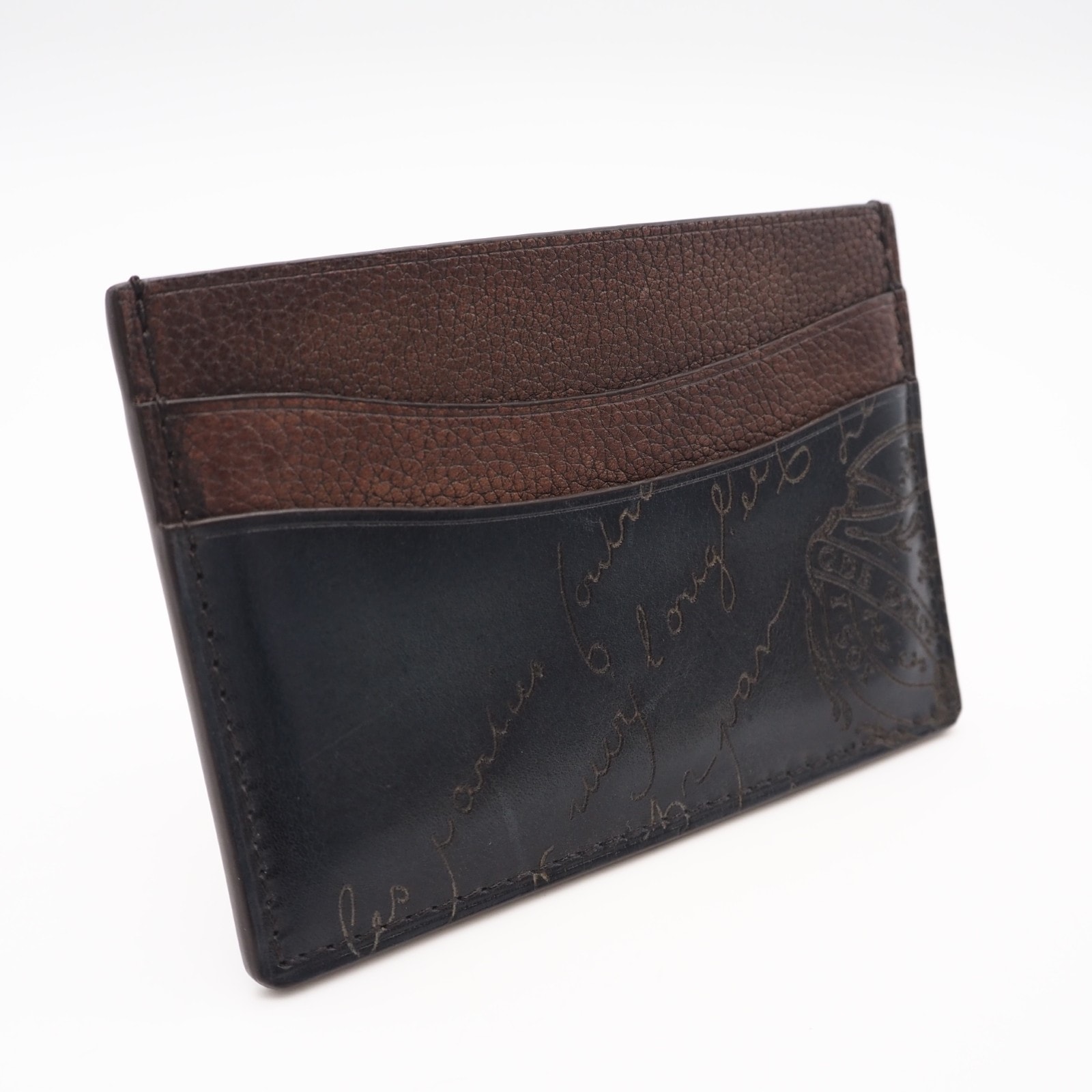 美品 Berluti ベルルッティ バンブー スクリットレザー カードホルダー BAMBOU_NEO-JOUR_TANGRAM-V88 カードケース ネイビー ブラウン カーフレザー メンズ