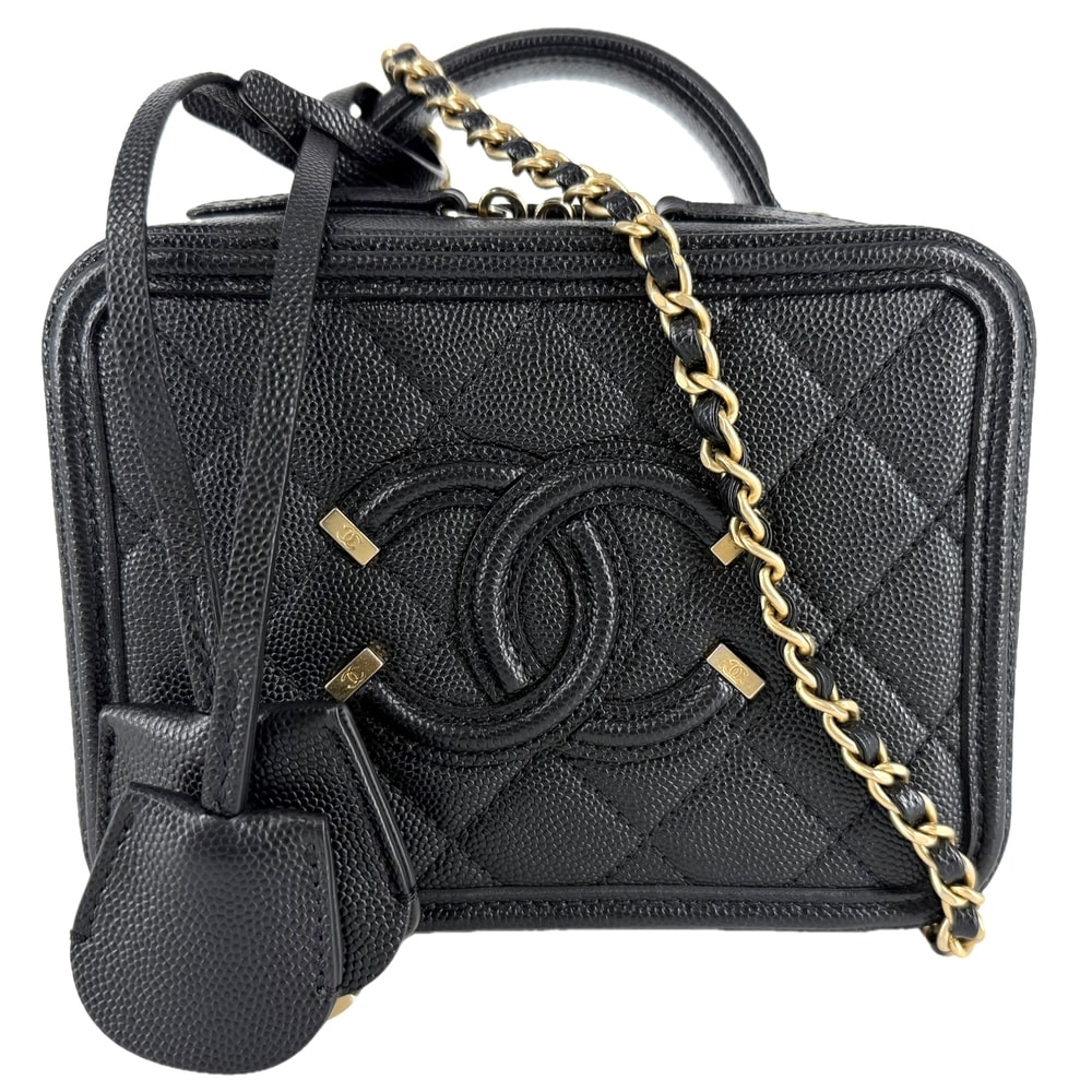 CHANEL シャネル 2WAY CCフィリグリー バニティバッグ ミニポシェット 肩掛け 斜め掛け ココマーク マトラッセ ハンドバッグ ショルダーバッグ キャビアスキン ブラック 黒 ゴールド金具 レディース 美品【中古品】
