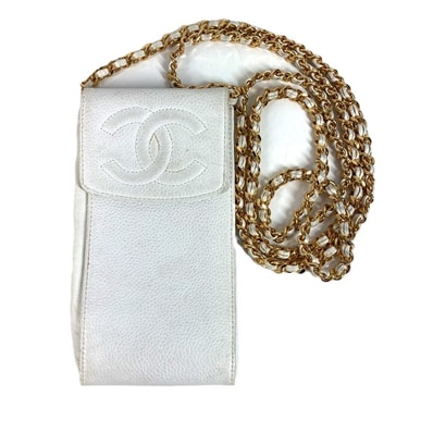 シャネル CHANEL CC ココマーク ロゴ ヴィンテージ チェーン 斜め掛け ポシェット フラップ 携帯ポーチ ショルダーバッグ キャビアスキン ホワイト