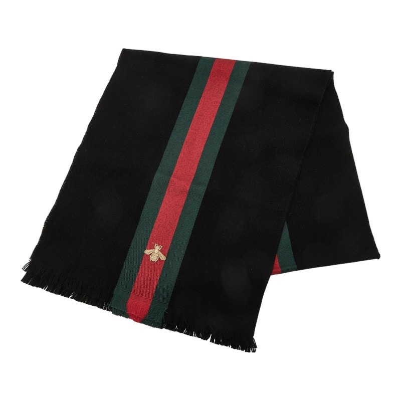 グッチ シェリーライン ビー マフラー 475513 ブラック レッド グリーン ウール カシミヤ シルク レディース GUCCI 中古