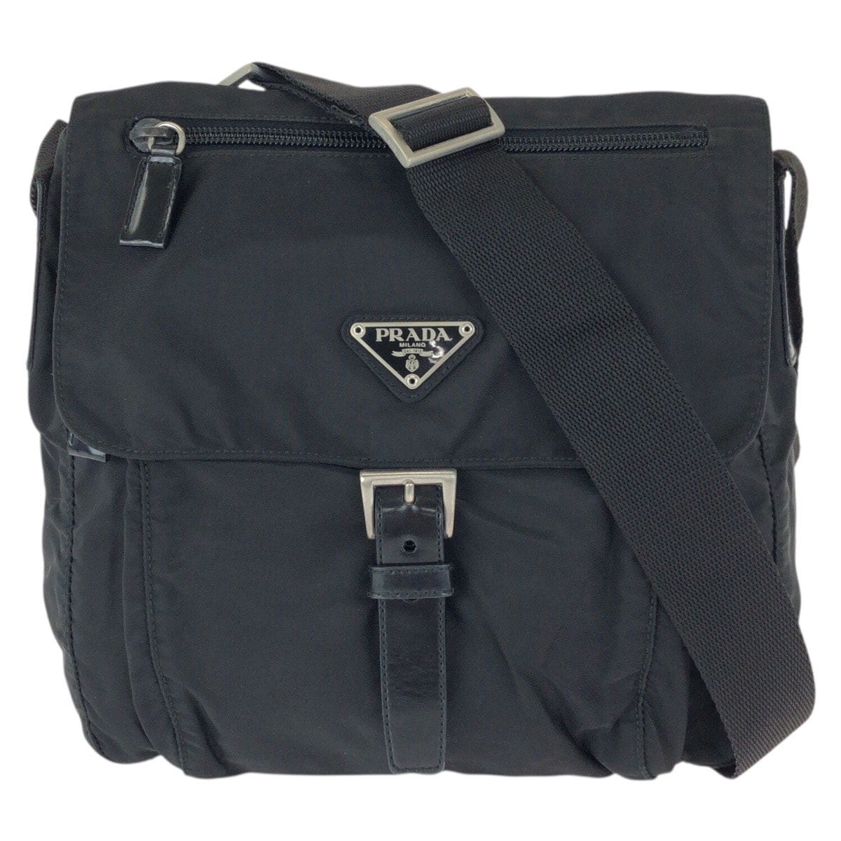 美品 PRADA プラダ テスート 三角ロゴプレート ブラック 黒 シルバー金具 ナイロン レザー/ ショルダーバッグ メッセンジャーバッグ 603230 【中古】