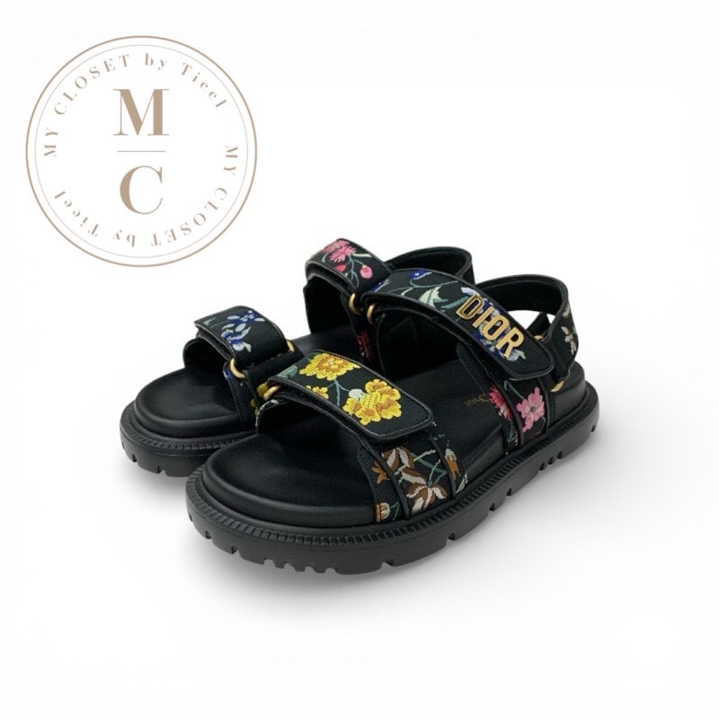クリスチャンディオール CHRISTIAN DIOR DIORACT サンダル 靴 シューズ テクニカルファブリック レザー マルチカラー ブラック ゴールド 花柄刺繍 ロゴ ベルクロストラップ 未使用