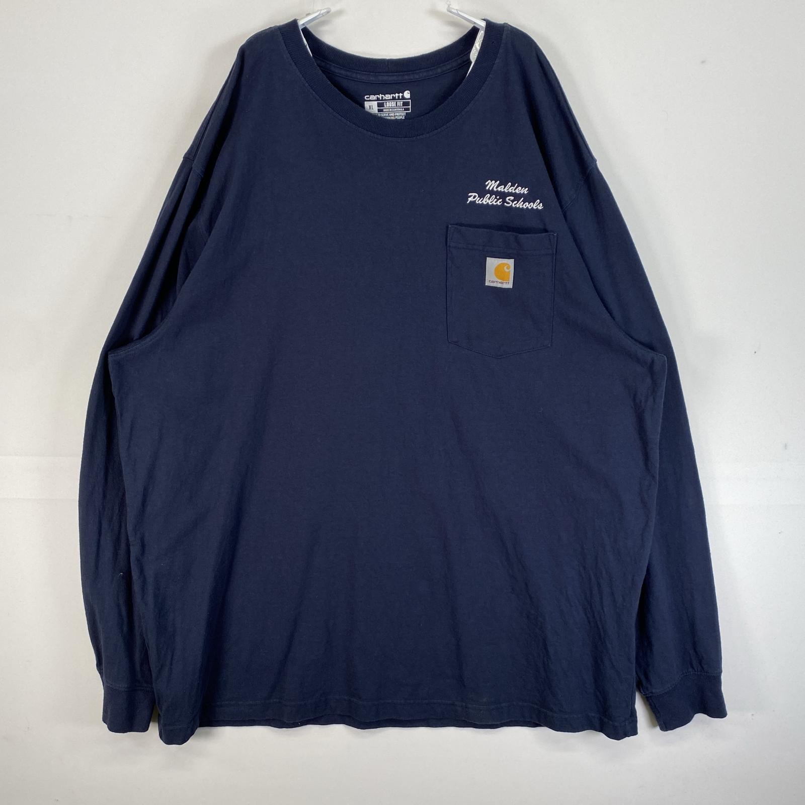 古着 カーハート Carhartt 長袖Tシャツ ワンポイント ロゴ 胸ポケット 大きいサイズ 肉厚 XL  ネイビー 無地 メンズ